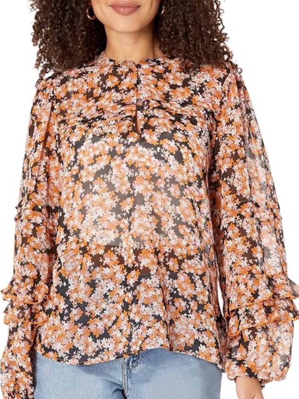 Sanctuary Orange Floral Sheer Ruffled Blouse